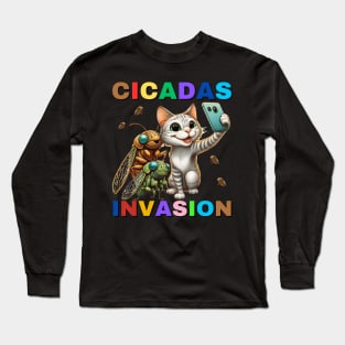 Hilarious Cat Selfie With Cicada Invasion - 2024 Cicadas Insect Long Sleeve T-Shirt